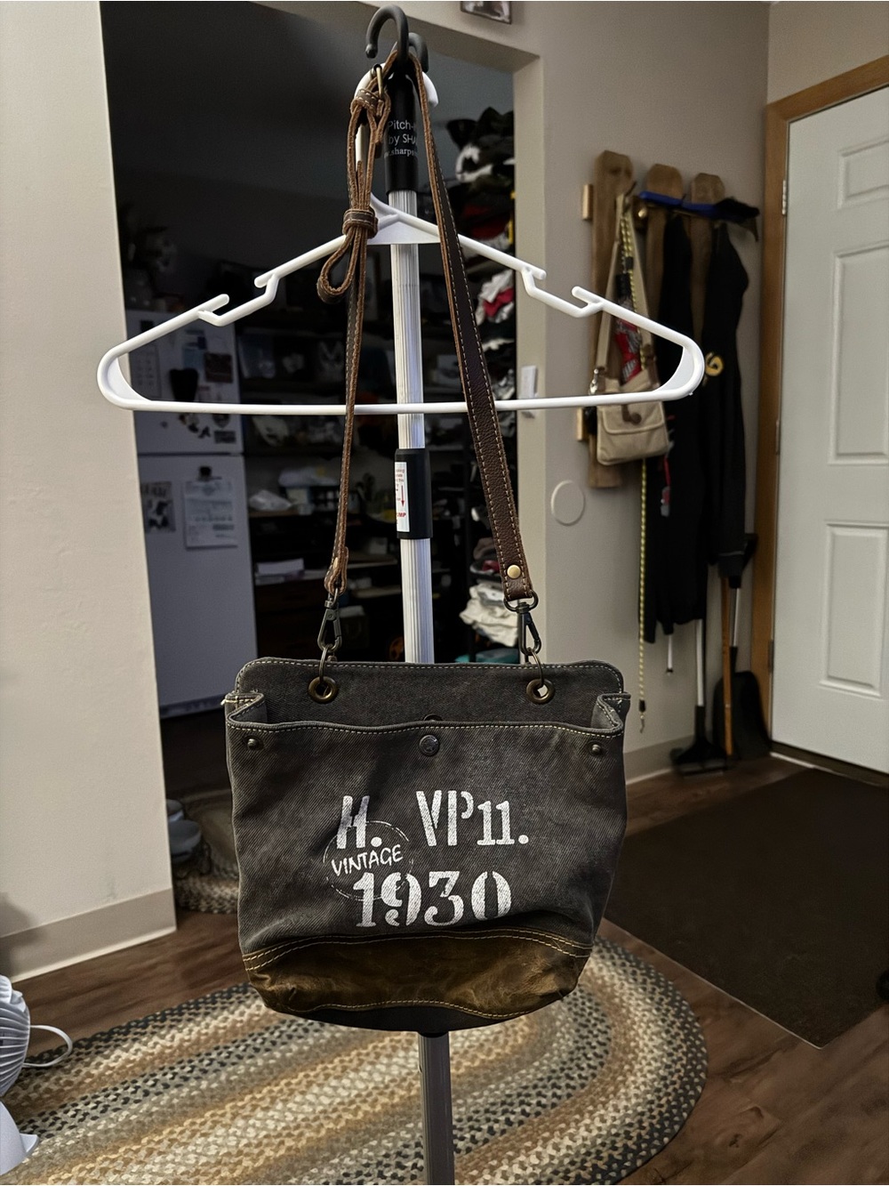 Myra Vintage-Inspired Gray Canvas Shoulder Bag with Brown Leather Accents